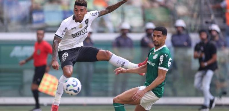 Igor Jesus, do Botafogo, finaliza enquanto é observado por Murilo, do Palmeiras, em jogo pelo Brasileirão