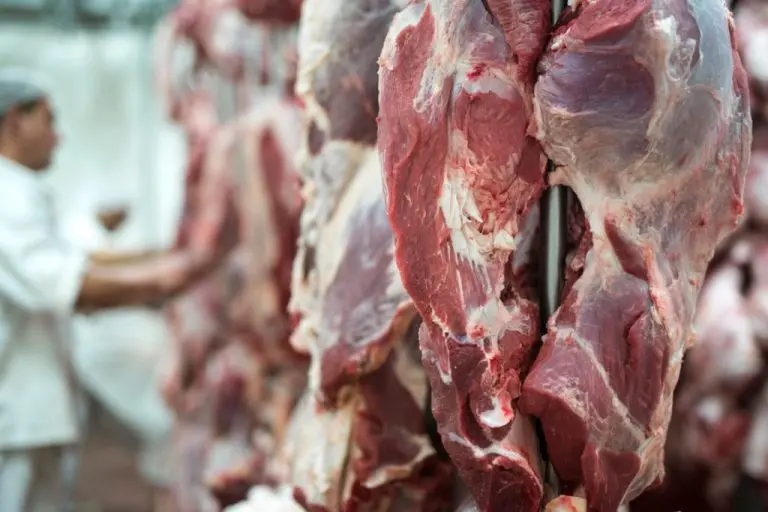 carne vermelha fresca e trabalhador de acougue trabalhando em segundo plano 1024x683